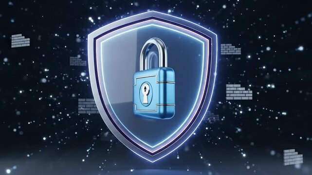 Secure digital shield with unlocking padlock animation in futuristic cybersecurity environment