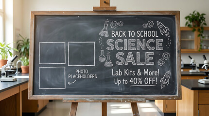 Back to School Science Sale Chalkboard in Laboratory.