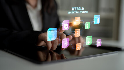 The Web 3.0 decentralization technology ecosystem. A flowchart of interconnected concepts like AI, blockchain, security, and decentralized finance. Motif
