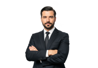 A confident businessman wearing a dark suit and tie with arms crossed standing with a serious expression isolated on transparent background