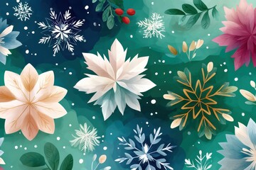 Abstract winter floral pattern with snowflakes and leaves in teal and green tones