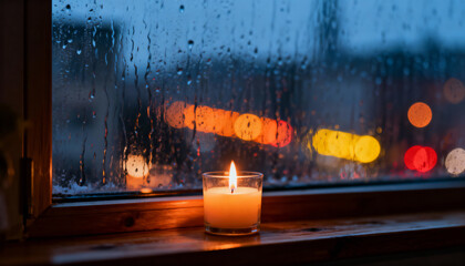 A glowing candle placed on a wooden windowsill, with raindrops covering the glass window and colorful blurred city lights creating a cozy and serene atmosphere at dusk.