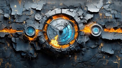 Cyberpunk - style clock embedded in cracked metallic wall with glowing elements