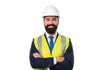 Smiling bearded man wearing white hard hat and yellow safety vest with blue tie isolated on transparent background