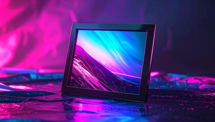 Square digital screen reflecting vibrant abstract landscape with neon blue and pink lighting and water effects