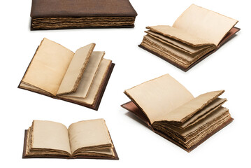 An open empty old notebook isolated on a white background.
