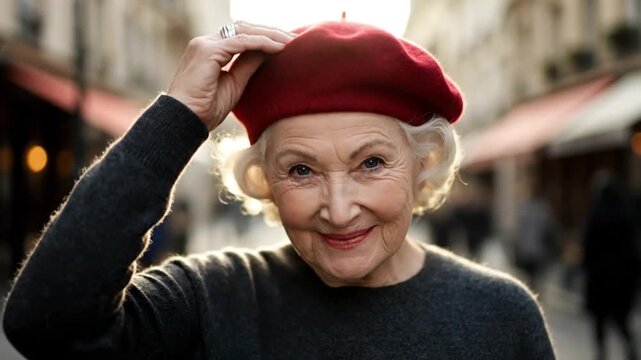 Elderly woman with red beret smiling, bright outdoor portrait