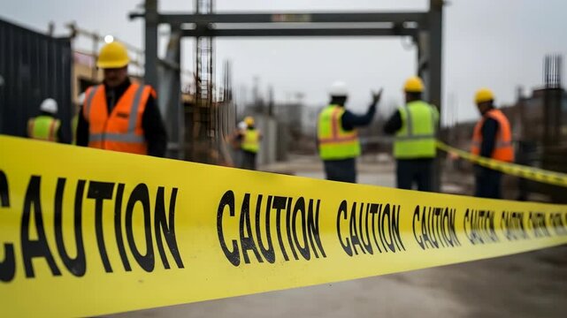Construction site safety: workers behind caution tape ensuring safety procedures