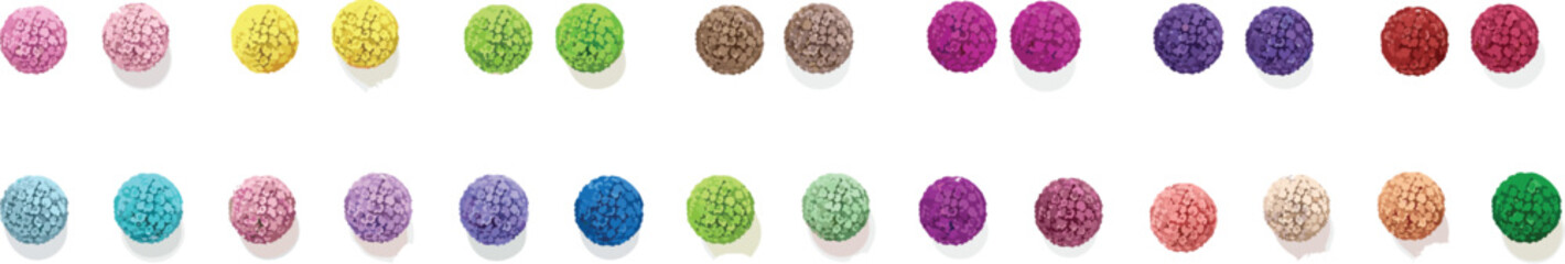 Colorful pom-poms craft supplies collection overhead view, bright fuzzy spherical sewing knitting elements, vibrant creative hobby background texture isolated.