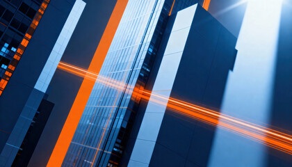 Modern skyscrapers with reflective glass and sharp geometric lines framed by vivid orange light trails that cross the composition, conveying urban motion, contrast of cool and warm tones, and contempo