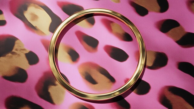 top-view composition, glossy pink leopard-print background in premium fashion style, thin refined metallic gold frame in the center. 