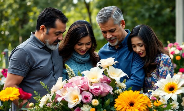 Hispanic family grieving together at a funeral with heartfelt emotion and support capturing loss love togetherness and remembrance in a nature setting funeral flowers grief death loss ceremony floral 