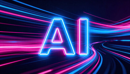 AI neon letters glow amid sweeping blue and pink light trails that convey speed and futuristic digital motion. The bright glowing typography sits on a dark background suggesting technology, data flow,