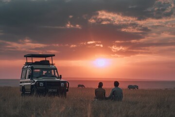 Fototapeta premium Sunset View: Couple Enjoying Safari on Grassland