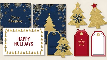 Luxury Gold Glitter Christmas and Holiday Card Set with Tree, Star, and Wreath Tags