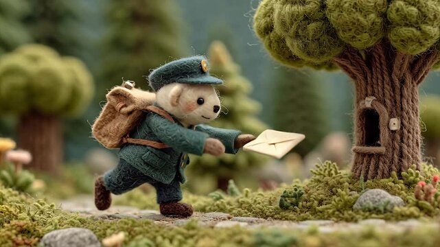 Adorable Woolen Bear Postman Delivering Mail in a Whimsical Forest Setting.