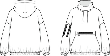 Oversized high-neck pullover jacket fashion flat technical drawing template, funnel collar, exposed zippers, front kangaroo pocket, front and back view vector. © ASH Labs