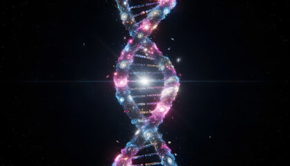 Cosmic DNA Helix; a 3D render symbolizing genetic engineering, medical breakthrough, and the futuristic code of life.

