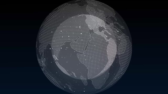 Wireframe Globe of Earth with Continents Outlined in animation White Dots on Dark Background world planet. Animated wireframe Earth globe with continents in white dots, ideal for global, planet