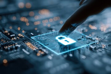 Hand Over Circuit Board with Glowing Lock, Cybersecurity Concept
