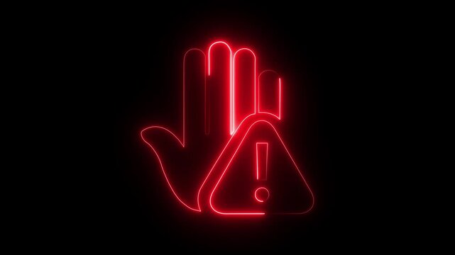 Prohibitory sign Animation with a raised hand with neon tringle icon. Danger warning with hand. prohibited Hand icon.