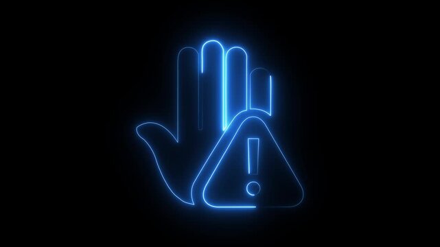 Prohibitory sign Animation with a raised hand with neon tringle icon. Danger warning with hand. prohibited Hand icon.