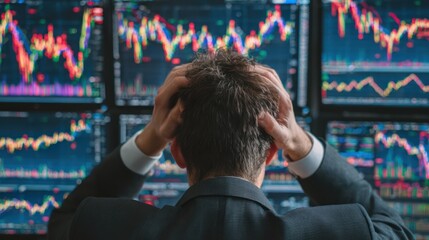 Financial Pressure: Stressed Man Looking at Stock Market Data