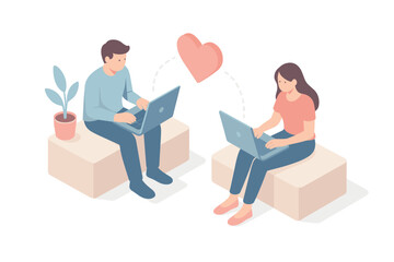 Isometric online dating concept with a couple using laptops and a heart symbol
