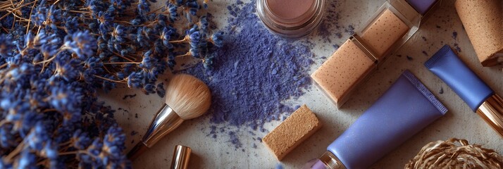 Conceptual image of natural lavender-infused cosmetics and beauty products, featuring a makeup brush and pigment powder, presented with elegant lighting.