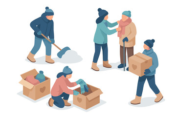 Warm clothing donations and community assistance in winter isometric scene