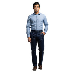 Man in blue dress shirt and dark pants isolated on transparent background