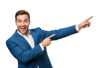 Excited caucasian man in blue blazer and white shirt joyfully pointing both index fingers towards the right side isolated on transparent background