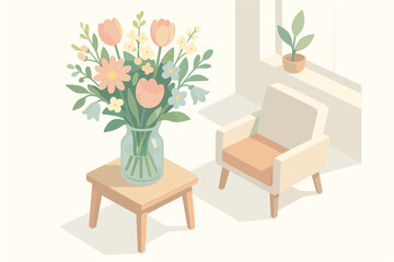 Tranquil room with floral bouquet and modern chair in soft pastel tones