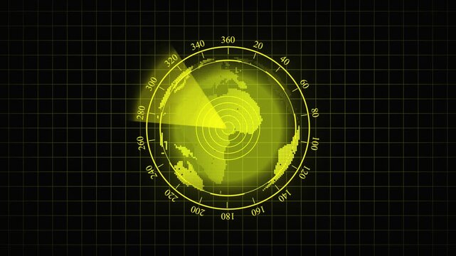 Yellow Digital Radar Display Showing a Pixelated Earth Globe and Navigation Compass screen animation. High-tech yellow radar interface featuring pixel Earth globe and animated compass pointer.