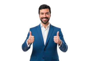 A confident businessman with a beard wearing a blue suit and white shirt giving two thumbs up isolated on transparent background