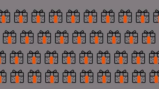 Seamless Pattern of Gift Boxes with Orange Bows on Gray Background.