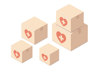 Fototapeta premium Isometric delivery boxes with heart and cross symbol for healthcare and aid
