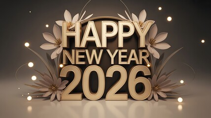 Golden happy new year 2026 text with floral accents and soft bokeh lights