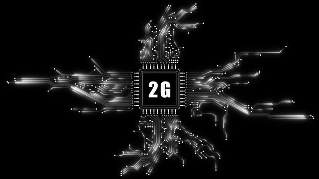 Futuristic 2g  chip illuminated with circuitry representing artificial intelligence technology. 4k video 
