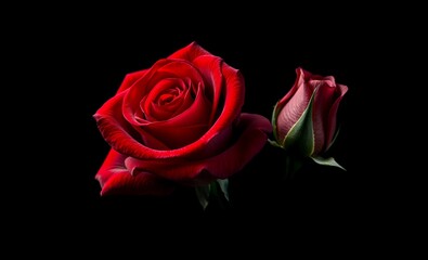 Naklejka premium Red rose flower and the two rosebuds on either side of the flower in the dark background negative space on left side for adding a text or poem funeral flowers grief death loss ceremony floral sadness 