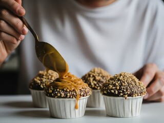 Person decorating chocolate cupcakes with caramel sauce showcasing baking process in a cozy kitchen setting