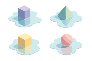 Geometric shapes with reflections: isometric cubes, pyramids, and spheres on water puddles
