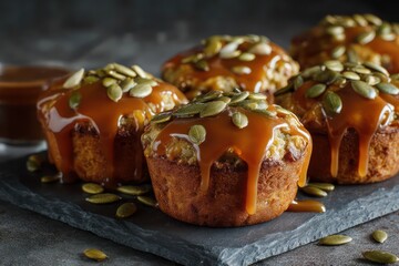 Delicious Pumpkin Seed Muffins Drizzled with Shiny Caramel Sauce