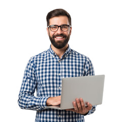 Smiling man with beard and glasses holding a laptop isolated on transparent background