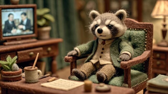 Stop-motion animation of a raccoon puppet in a suit reacting to a TV show, expressing surprise and anger while sitting at a desk in a cozy room.