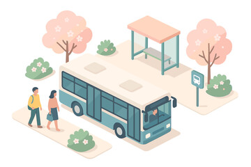 Isometric city scene with bus stop, passengers, and blossoming trees in spring setting