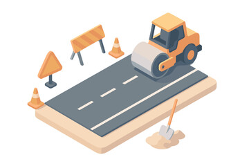 Isometric road construction scene with roller and safety signs