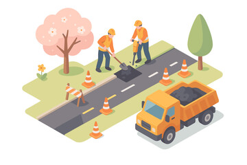 Road maintenance isometric art with construction workers and dump truck