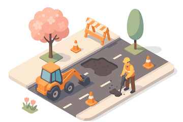 Road repair isometric scene with construction worker and machinery