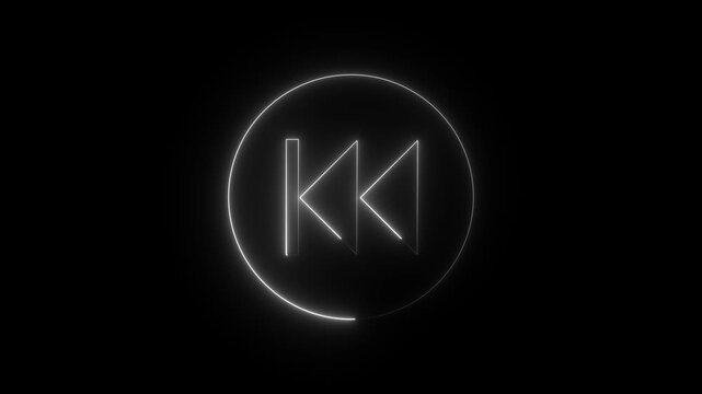 Linear neon animation of blue rewind button on black background. Motion graphic.